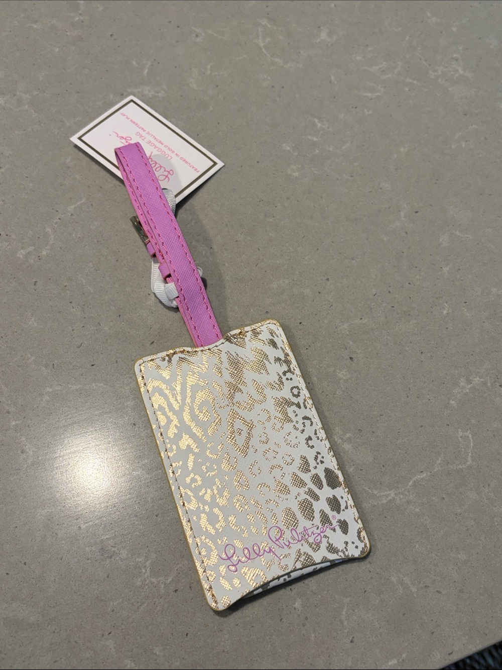 Lilly Pulitzer Cream and Gold Leopard Luggage Tag with Pink Strap - Picture 2 of 6